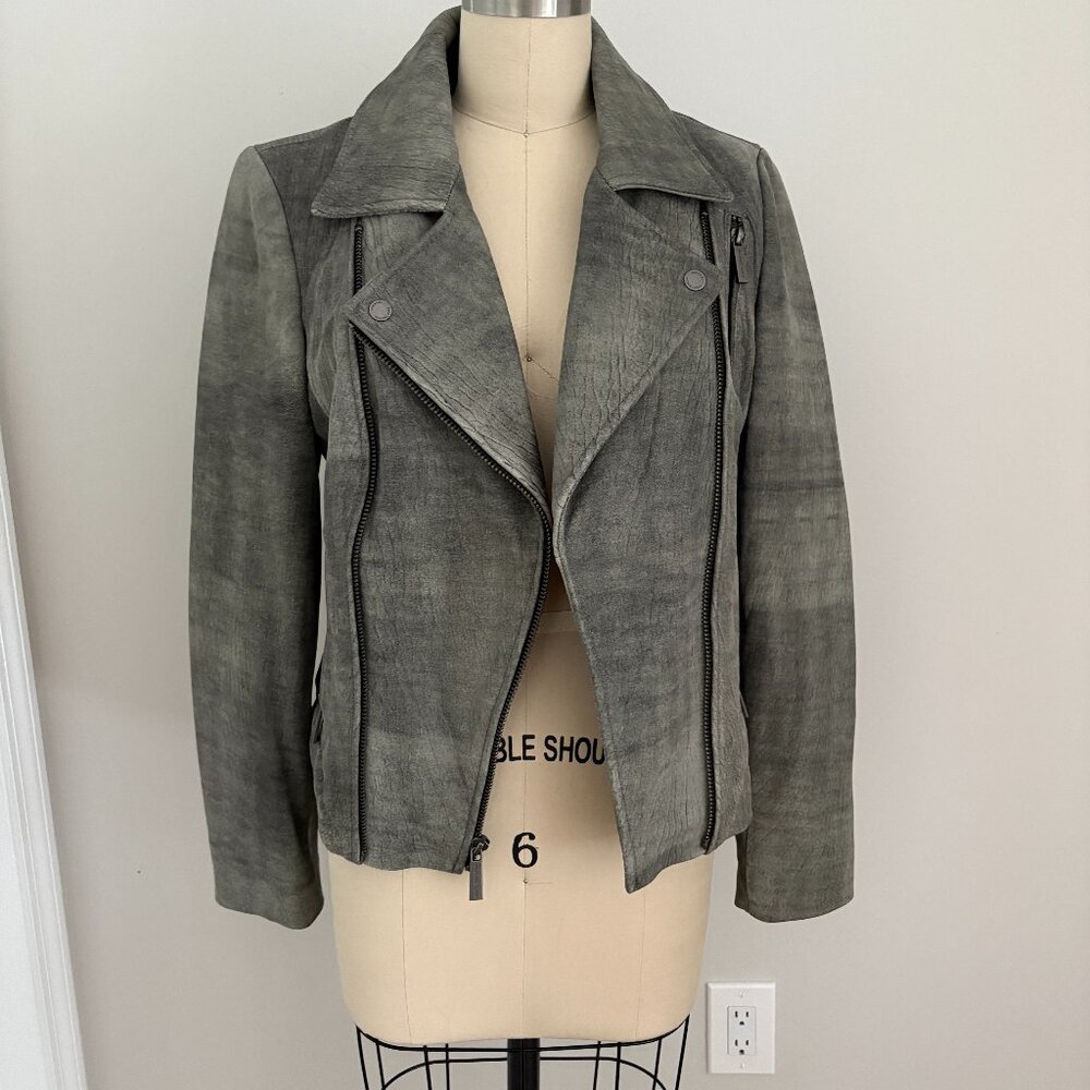 MICHAEL Michael Kors Gray Distressed Leather Full-Zip Moto Jacket Sz Medium